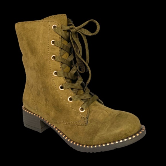 FAUX SUEDE/FUR LINED OLIVE GREEN COMBAT BOOT LACE UP/SIDE ZIP GOLD STUD ACCENTS - Picture 3 of 6